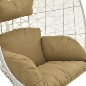 White garden swing, hanging on a metal base, with beige cushions