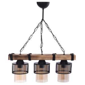 Hanging ceiling pendant for 3 bulbs metal and wood 50x12x60hcm
