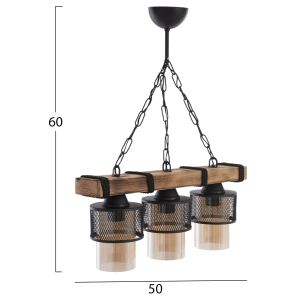 Hanging ceiling pendant for 3 bulbs metal and wood 50x12x60hcm