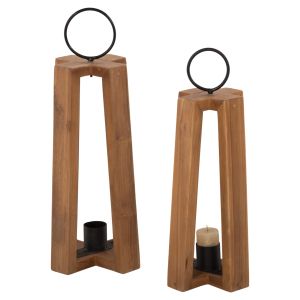 Hanging lantern-candlestick with handles for hanging teak wood 24x24x50-61hcm Hm4276