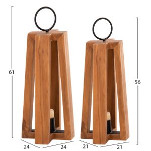 Hanging lantern-candlestick with handles for hanging teak wood 24x24x50-61hcm Hm4276