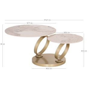 Rotating double table for living room Ailleron Sm18096.02 metal base with mechanism and sintered stone light marble top Φ77(50)x44hcm