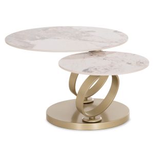 Rotating double table for living room Ailleron Sm18096.02 metal base with mechanism and sintered stone light marble top Φ77(50)x44hcm