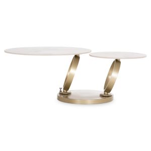 Rotating double table for living room Ailleron Sm18096.02 metal base with mechanism and sintered stone light marble top Φ77(50)x44hcm