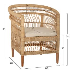 Garden armchair Malawi Hm9566 made of mahogany wood with rattan and white cushion 80x70x86cm