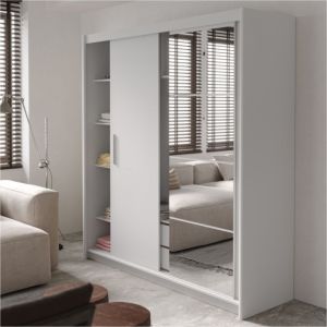 Wardrobe Elodie with 3 sliding doors with mirror In white color 200x61x216cm