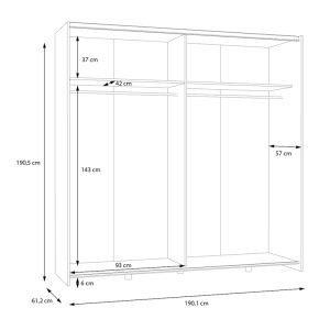 Jolite wardrobe with 2 doors with melamine shelves, white/oak color, 190x61x190.5cm
