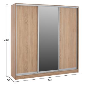 Wardrobe with 3 sliding doors and mirror made of melamine, sonoma color Hm2462,01 240x240x60cm
