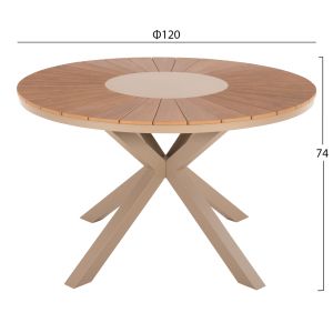 Garden round table Moril aluminum in champagne color-polywood in natural wood D120cm Hm6041