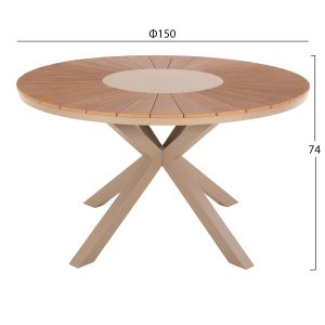 Garden round table Moril aluminum in champagne color-polywood in natural wood D150cm Hm6042
