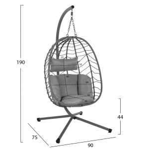 Garden swing Millie with metal base-synthetic rattan and cushions in gray 90x75x190cm Hm5997,10