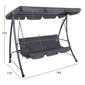 Garden swing-bed 3-seater, sun canopy Likid Hm5980,01 with metal frame and fabric in gray color 200x120x164hcm