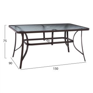 Garden table 150x90χ75cm brown with glass top and umbrella hole Hm5145,12