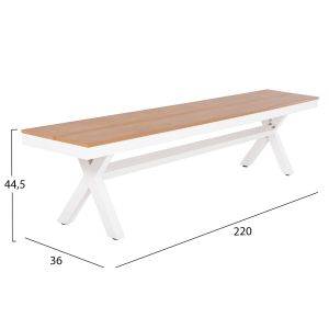 Garden bench with aluminum frame and polywood seat Tawnee Hm6040.02 color white/natural 220x36x44.5hcm