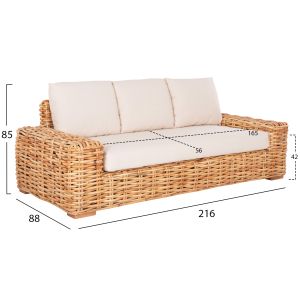 Garden 3-seater sofa Tropel solid mango wood-natural rattan-white cushions 216x88x70-85hcm Hm9808