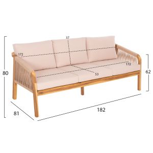 Garden set 4pcs Rosswell solid acacia wood natural- rope-beige cushions Hm6084