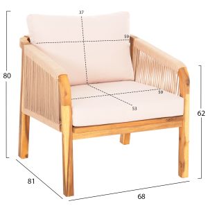 Garden set 4pcs Rosswell solid acacia wood natural- rope-beige cushions Hm6084