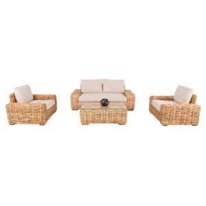4-piece natural rattan garden lounge set - 2-seater sofa - 2 chairs with armrests - coffee table, Hm11940