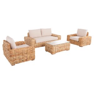 4-piece natural rattan garden lounge set - 2-seater sofa - 2 chairs with armrests - coffee table, Hm11940