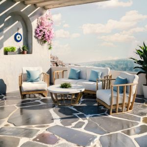 Garden set/living room set Eron - two-seater sofa, two armchairs and a table made of solid eucalyptus