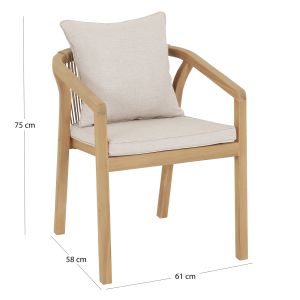 Garden chair Contrel Hm6244.01 made of acacia wood in natural color - ropes and cushions in beige 61x58x75cm.