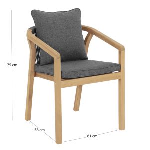Garden chair Contrel Hm6244.02 acacia wood in natural color - ropes and cushions in gray 61x58x75cm.
