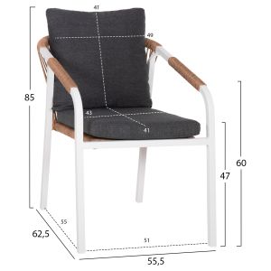 Garden chair/armchair Maerly aluminum in white-artificial rattan in dark brown-black cushions 55.5x62.5x85hcm Hm6051.01