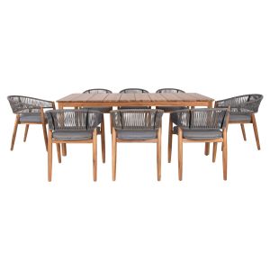 Garden dining set 9pcs Navant .01 table with 8 dining chairs-solid acacia wood-natural rope in gray Hm21066