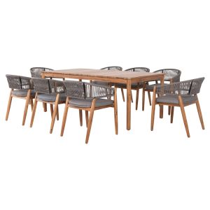 Garden dining set 9pcs Navant .01 table with 8 dining chairs-solid acacia wood-natural rope in gray Hm21066