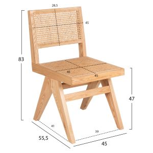 Garden dining chair Fredrik ash wood and natural rattan 45x55.5x83hcm