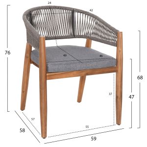 Garden dining chair Navan .01 acacia wood in natural-nylon rope in gray 59x58x76hcm Hm6135