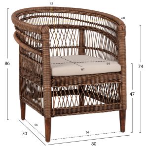 Garden armchair Malawi Hm9635.01 made of mahogany wood with brown rattan with white cushions 80x70x86hcm
