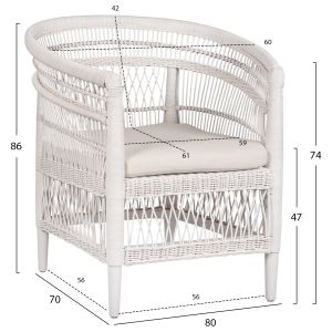 Garden armchair Malawi Hm9635,02 made of mahogany wood with white rattan with white cushions 80x70x86hcm