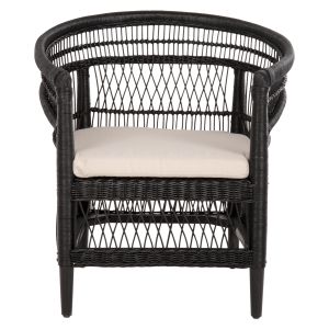 Garden armchair Malawi Hm9635.03 made of mahogany wood with black rattan with white cushions 80x70x86hcm