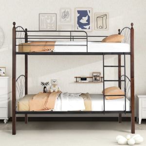Bunk bed HM687 black metal-rubber wood in walnut 200x90x158hcm