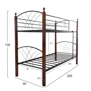 Bunk bed HM687 black metal-rubber wood in walnut 200x90x158hcm