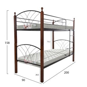 Двуетажно легло с матраци Storey Hm21334 метал и каучуково дърво в орех - за матраци 90x190см.