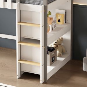 Двуетажно легло със странични рафтове Homi Hm21321 борова дървесина в бяло - за матрак 90x190см.