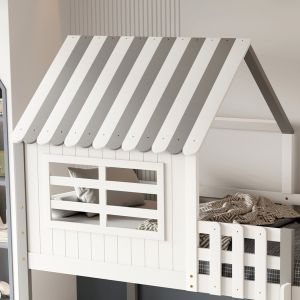 Двуетажно легло със странични рафтове Homi Hm21321 борова дървесина в бяло - за матрак 90x190см.
