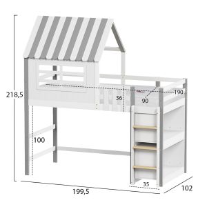 Двуетажно легло със странични рафтове Homi Hm21321 борова дървесина в бяло - за матрак 90x190см.