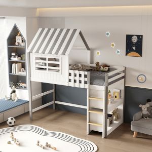Двуетажно легло със странични рафтове Homi Hm21321 борова дървесина в бяло - за матрак 90x190см.