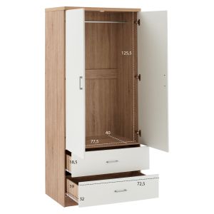 Double-wing melamine wardrobe with two drawers in sonam and white Hm338.06