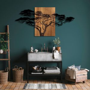 Wall decoration Efren pine wood in natural color and black metal 144x3x70cm