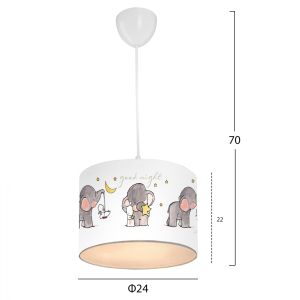 Children's fabric ceiling lamp Hm7575.01 white with elephant pattern D24x70ycm