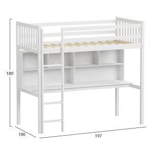 Children's bunk bed with desk and bookshelf Libro Hm708.03 pine wood in white - 90x190cm.