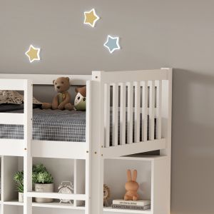 Children's bunk bed with desk and bookshelf Libro Hm708.03 pine wood in white - 90x190cm.
