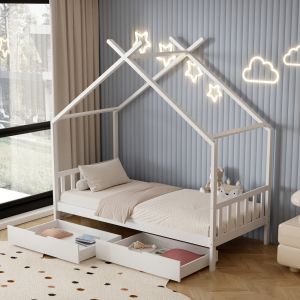 Детско легло Klarice Montessori-2 чекмеджета бор масив в бяло- 190х90cm Hm680,03