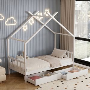 Детско легло Klarice Montessori-2 чекмеджета бор масив в бяло- 190х90cm Hm680,03