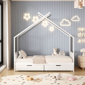Детско легло Klarice Montessori-2 чекмеджета бор масив в бяло- 190х90cm Hm680,03