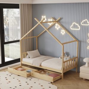 Детско легло Klarice Montessori-2 чекмеджета- бор масив в натурал- 190х90cm Hm680,01